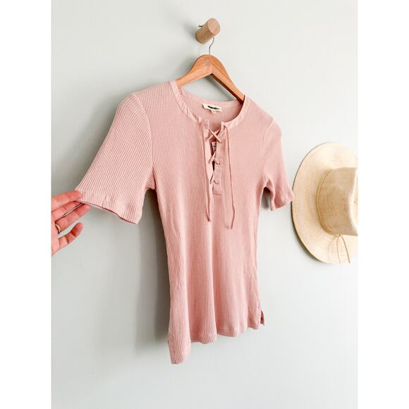 Madewell | NWT Ribbed Lace-Up Short-Sleeve Tee in Pale Blush | XS - Picture 3 of 8